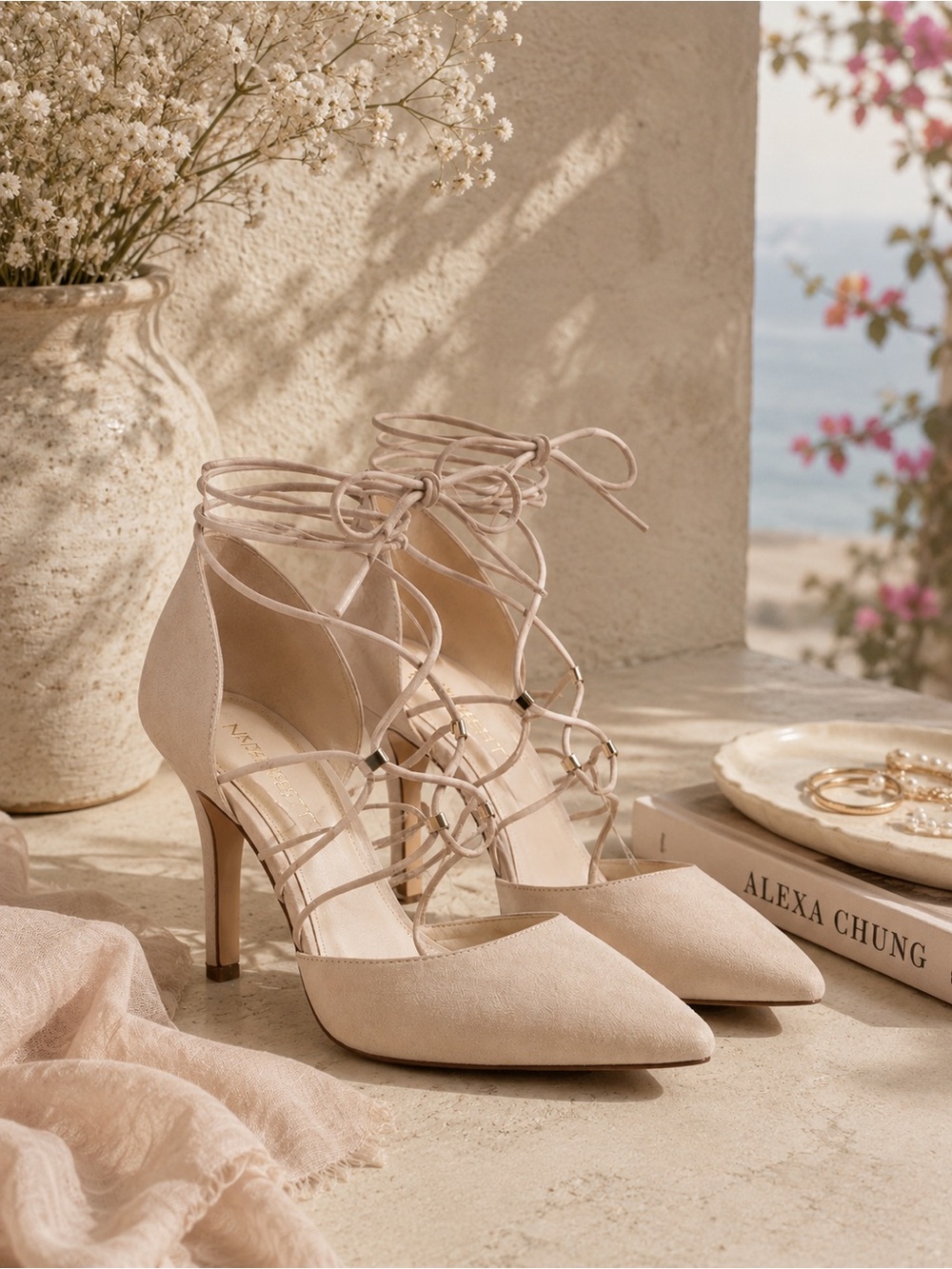 Nine West Nude Suede Leather Jarraho Ankle Tie D’Orsay Pumps in Size 8.5